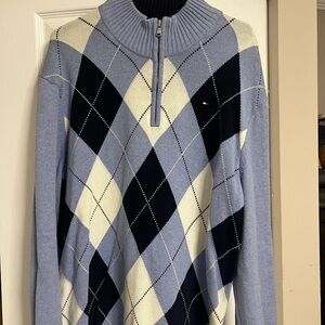 Tommy Hilfiger Blue and White Argyle Sweater